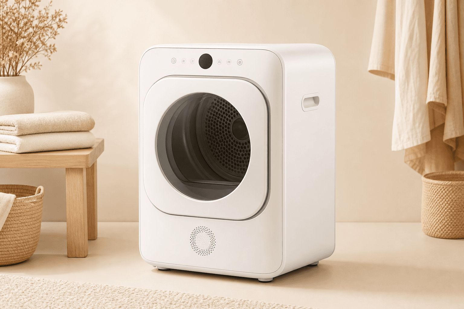 Compact ventless portable dryer on a cream background